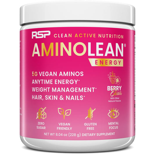 AminoLean Pre Workout – Clean Energy, Vegan, Biotin, Berry, 30 Ct