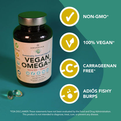 AMANDEAN Vegan Omega-3 – Algae DHA & EPA, Heart & Brain Health, 120 Ct