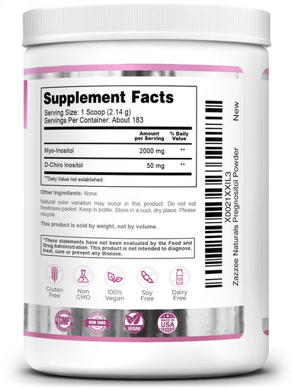 Zazzee PREGNOSITOL Powder, 6 Month Supply, Myo-Inositol and D-Chiro-Inositol 40:1 Fertility Blend, Free Scoop for Exact Dosage, Premium Balanced Formula, 183 Servings, Vegan, All-Natural and Non-GMO