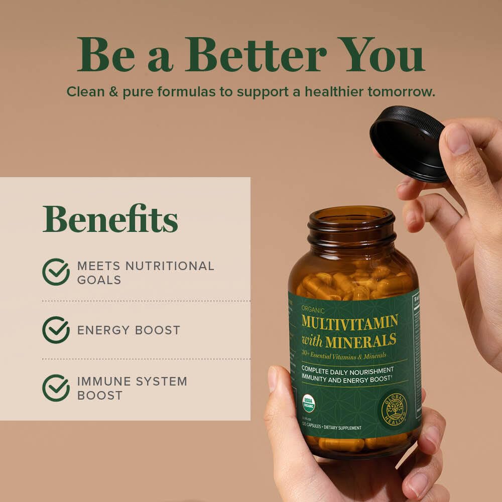 Global Healing Organic Multivitamin – Daily Vitamins for Women & Men 120 Ct