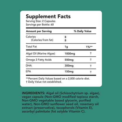 AMANDEAN Vegan Omega-3 – Algae DHA & EPA, Heart & Brain Health, 120 Ct