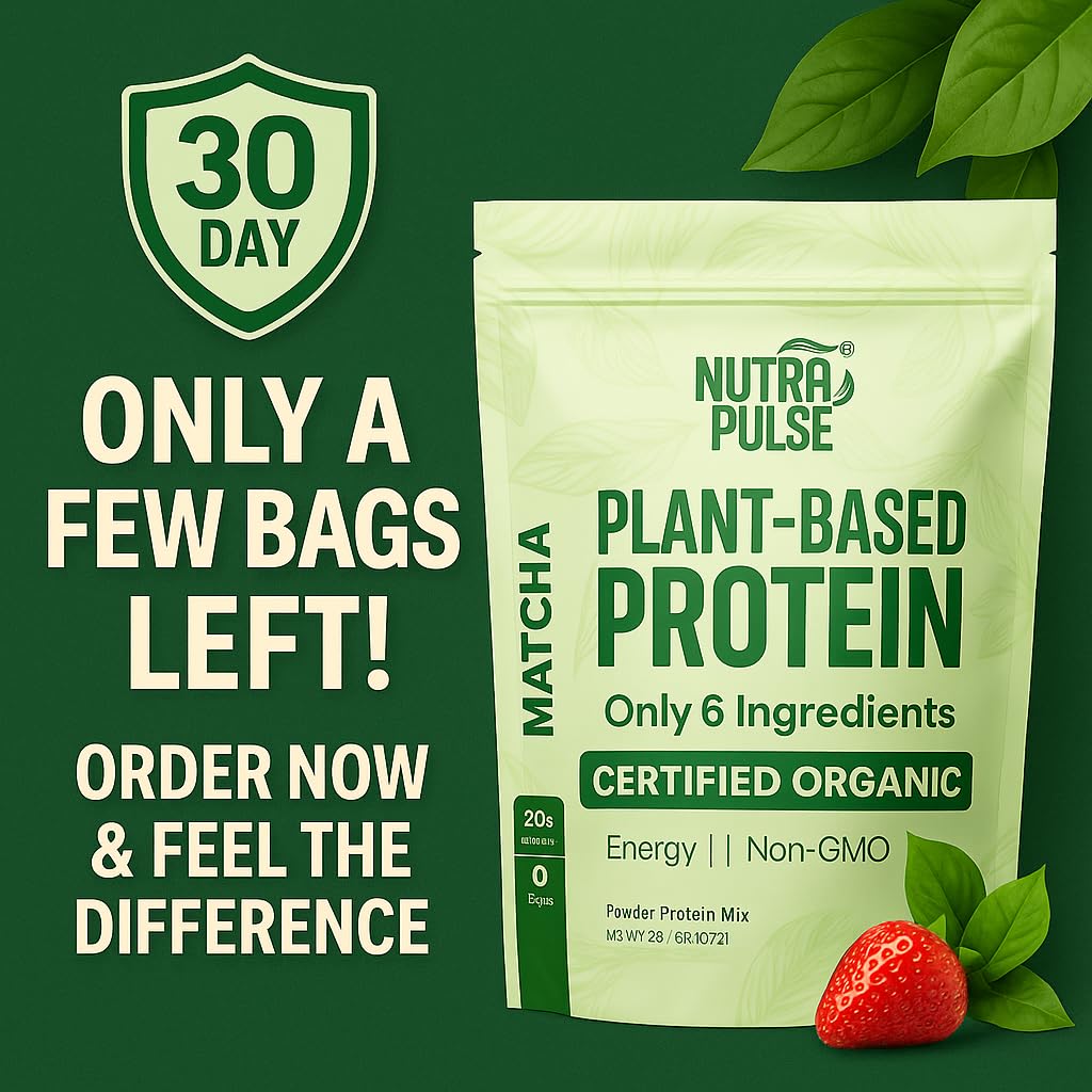 NUTRAPULSE Organic Vegan Protein Powder – Matcha Flavor, Plant-Based, Gluten-Free, Non-GMO, 20g Protein Per Serving, Ideal for Smoothies, Shakes, Baking, Cooking (1 Pack, 20 Servings)
