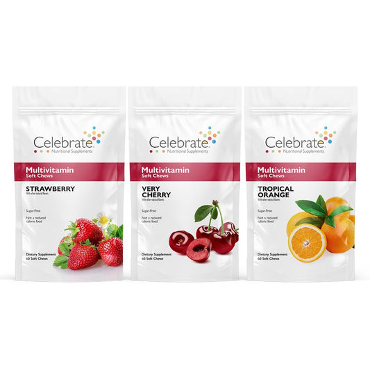 Celebrate Vitamins Bariatric Multivitamin Soft Chews - Essential Vitamins & Minerals, Sugar & Gluten Free - Gastric Bypass & Sleeve Gastrectomy Supplement - Strawberry/Orange/Cherry (180ct)