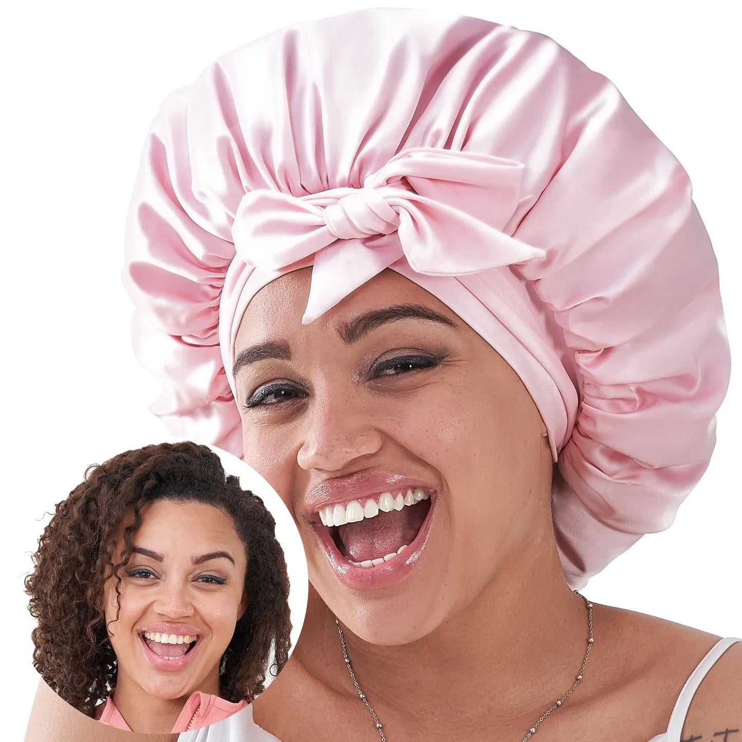 Silk Bonnet For Sleeping Women, Satin Hair Bonnet For Sleeping For Wavy Curly Natural Hair Women Men - Pink