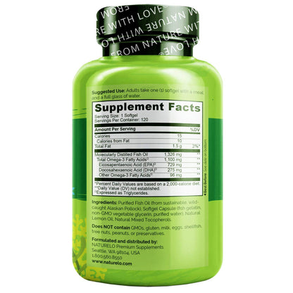 NATURELO Burpless Omega-3 Fish Oil – 1100mg EPA DHA, 120 Softgels