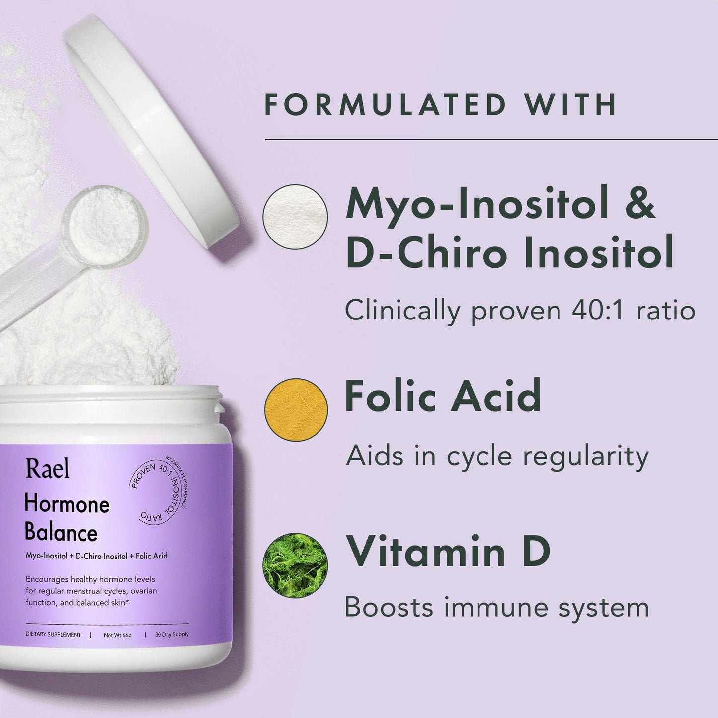 Rael Hormone Balance for Women, Inositol Powder Supplement - Ovarian Function Support, Vitamin B8, 40:1 Proven Ratio, Folic Acid, Vegan (30 Servings)