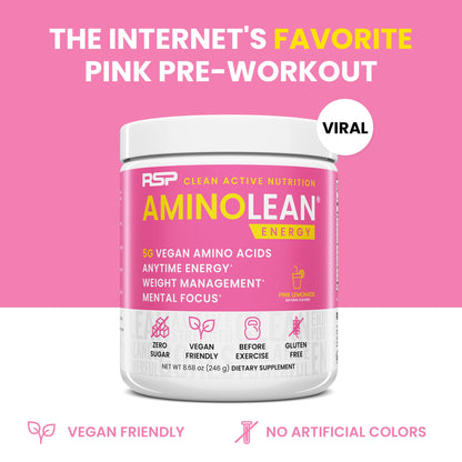 AminoLean Pre Workout – Energy & Weight Support, Pink Lemonade, 30 Ct