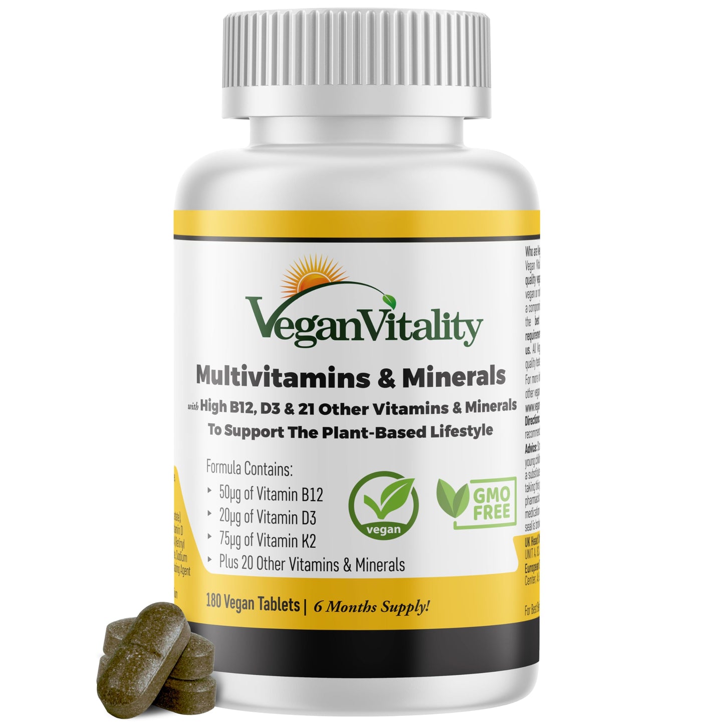 Vegan Vitality Multivitamin – B12, D3, K2 – 6 Month Supply – 180 Ct