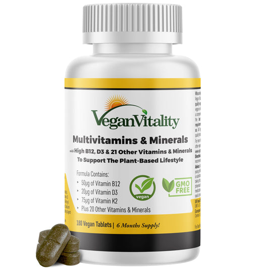 Vegan Vitality Multivitamin – B12, D3, K2 – 6 Month Supply – 180 Ct