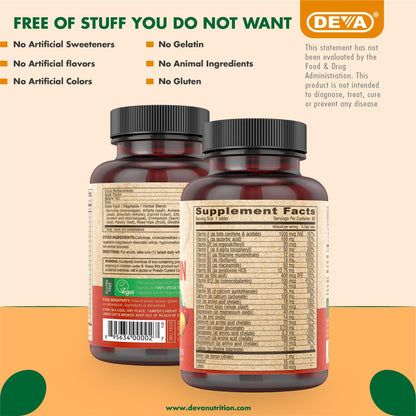 DEVA Vegan Multivitamin & Mineral Supplement with Iron 2-Pack, Spirulina, Chlorella, Ashwagandha, Broccoli & More, 90 Coated Tablets Each