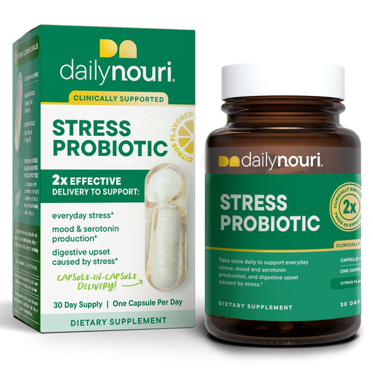 Daily Nouri Stress Probiotic | for Cortisol Management, Digestion, Daily Stress Relief & Gut Microbiome Health | 3 Probiotic Strains & Vegan Ahiflower Omega Oil | for Women & Men | 30-Day Supply