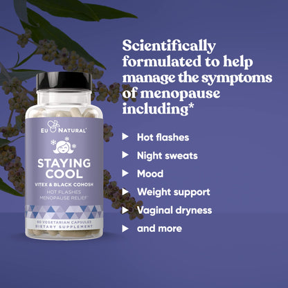 Eu Natural Staying Cool Menopause Supplements for Women – Hormonal Hot Flash Relief, Weight Support, & Night Sweats – Vitex Chaste Tree & Black Cohosh – 60 Vegetarian Soft Capsules