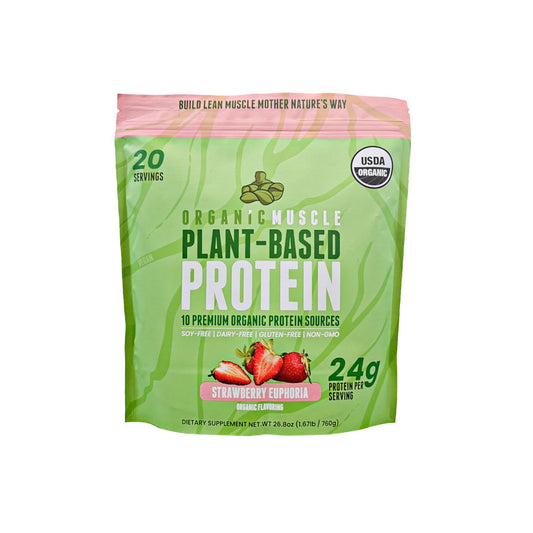 Organic Muscle Vegan Protein Powder - Plant Based Strawberry Multi-Sourced Protein Powder with Pea, Hemp, Brown Rice, Chia Seed & Amino Acids - Low Calorie for Muscle Growth & Speed Recovery