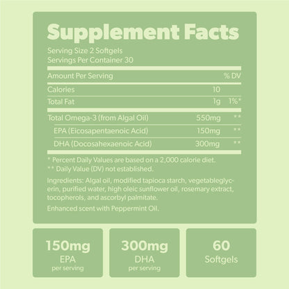 Vegan Omega 3 – DHA & EPA from Algae – Brain & Heart Support – 60 Ct