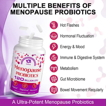 Menopause Supplements for Women, 120 Billion CFU Menopause Probiotics for Women, All-Natural Probiotic for Hot Flashes Menopause, Night Sweats, Mood Swings, Gut and Hormone - 60 Herbal Capsules