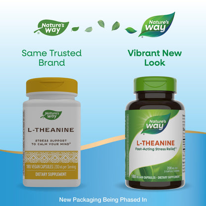 Nature's Way L-Theanine, Stress Support*, Promotes Relaxation*, 200 mg per 2-Capsule Serving, Vegan, 180 Capsules (Packaging May Vary)