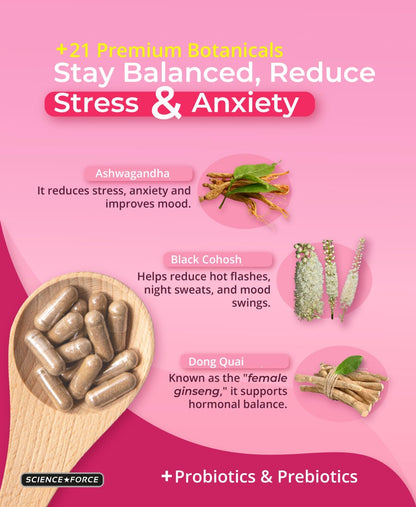 Lovely Menopause Supplement + Hormone Balance + Weight Management, Hot Flashes, Mood Swings, Vaginal Health & Dryness | Black Cohosh, Dong Quai, Ashwagandha + Probiotics, Woman Supplement, 60 ct