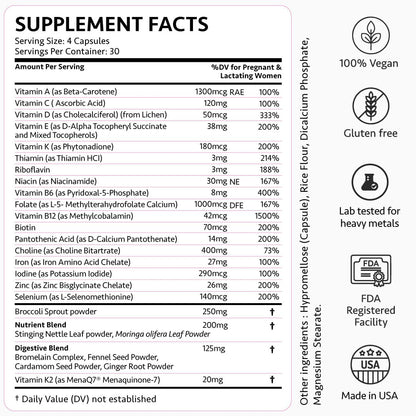 Ayurvedic Prenatal Vitamins – Folate, Choline, Iron, Iodine – 30 Ct
Gentle Prenatal | Bioavailable Folate | Brain & Thyroid Support | 30 Capsules