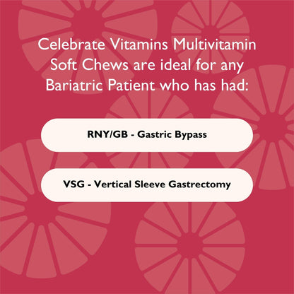 Celebrate Vitamins Bariatric Multivitamin Soft Chews - Essential Vitamins & Minerals, Sugar & Gluten Free - Gastric Bypass & Sleeve Gastrectomy Supplement - Strawberry/Orange/Cherry (180ct)