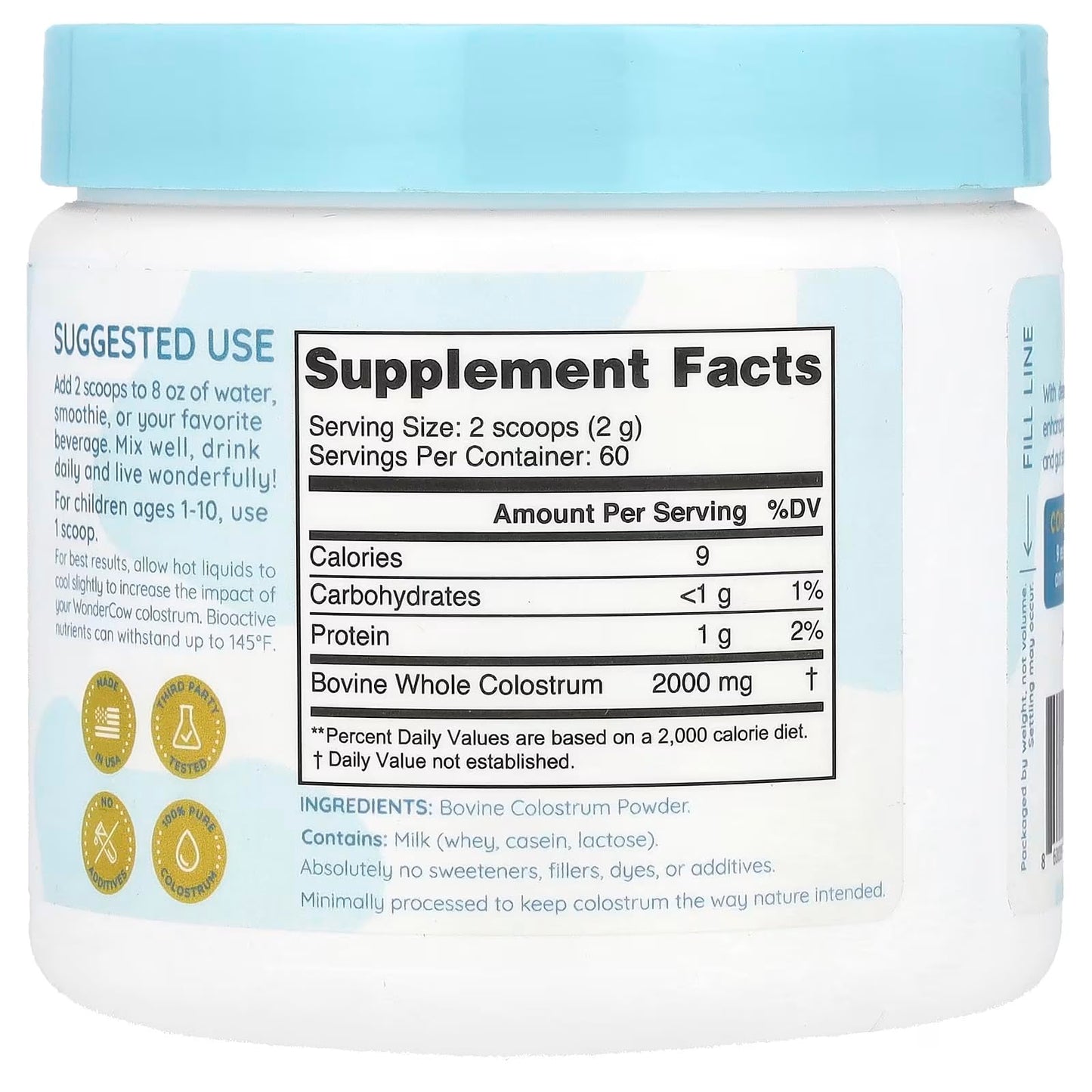 WONDERCOW Colostrum Supplement Powder for Gut Health, Immune Support, Muscle Recovery & Wellness | Natural IgG Pure Whole Bovine Colostrum Superfood, Unflavored, 60 Servings