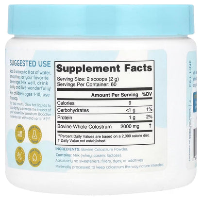 WONDERCOW Colostrum Supplement Powder for Gut Health, Immune Support, Muscle Recovery & Wellness | Natural IgG Pure Whole Bovine Colostrum Superfood, Unflavored, 60 Servings