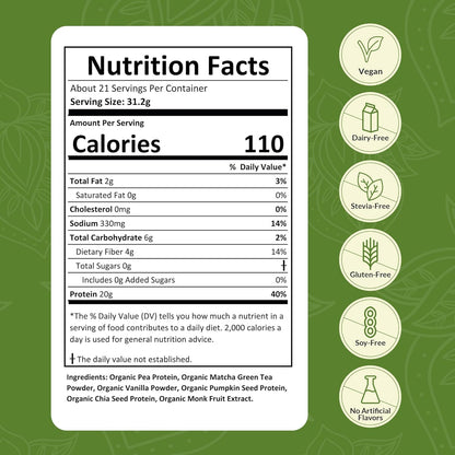 NUTRAPULSE Organic Vegan Protein Powder – Matcha Flavor, Plant-Based, Gluten-Free, Non-GMO, 20g Protein Per Serving, Ideal for Smoothies, Shakes, Baking, Cooking (1 Pack, 20 Servings)
