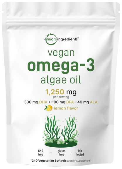 Micro Ingredients Vegan Omega-3 – DHA DPA ALA, Algae Oil, Lemon, 240 Ct