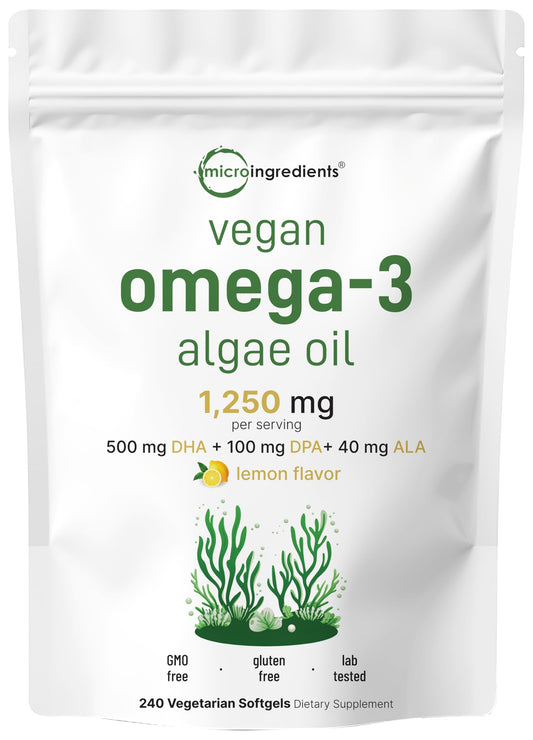 Micro Ingredients Vegan Omega-3 – DHA DPA ALA, Algae Oil, Lemon, 240 Ct
