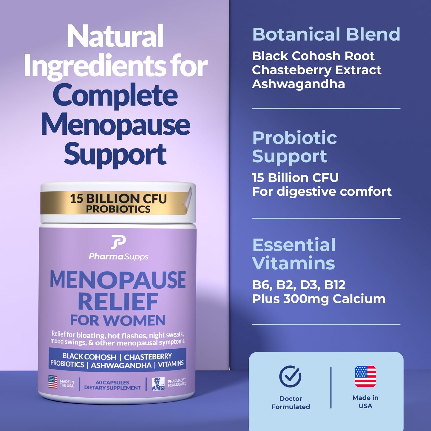 Natural Menopause Supplements for Women - Perimenopause Supplements for Hormonal Balance, Bloating & Mood Swings | Hot Flashes Menopause Relief w/Probiotics & Prebiotics, Black Cohosh & Chasteberry