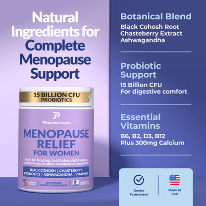 Natural Menopause Supplements for Women - Perimenopause Supplements for Hormonal Balance, Bloating & Mood Swings | Hot Flashes Menopause Relief w/Probiotics & Prebiotics, Black Cohosh & Chasteberry