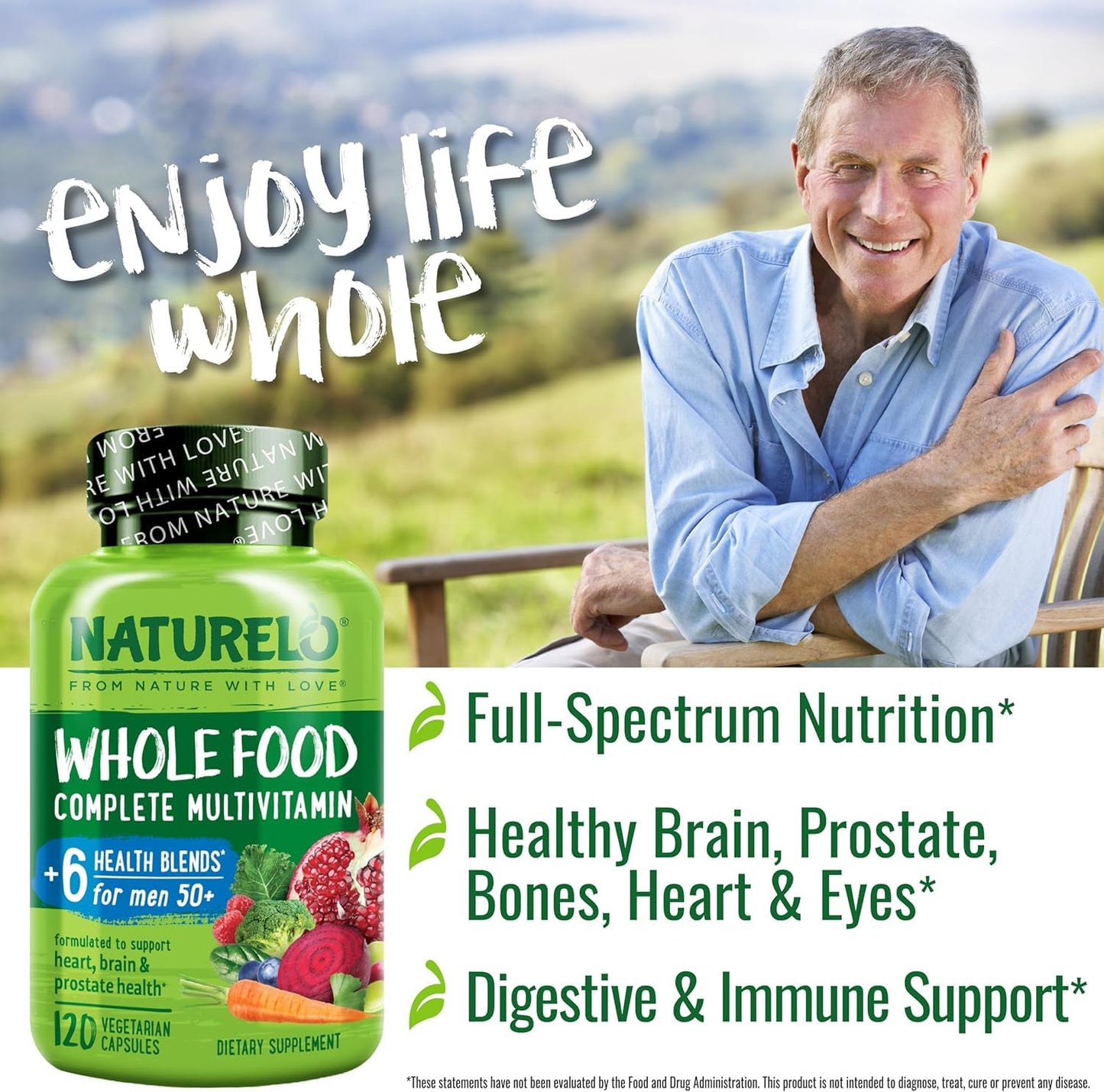 NATURELO Men’s 50+ Multivitamin – Vegan Brain & Heart Support 120 Ct