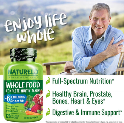 NATURELO Men’s 50+ Multivitamin – Vegan Brain & Heart Support 120 Ct