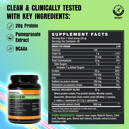 BODi Recover Whey Protein Powder Blend– Post-Workout Orange Whey Supplement for Muscle Recovery with 20g Protein, BCAAs, Pomegranate Extract - Fast Recovery - 20 Serving Tub