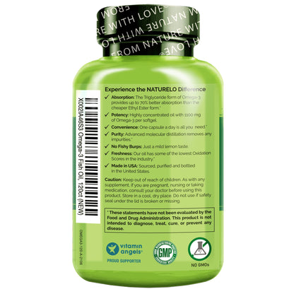 NATURELO Burpless Omega-3 Fish Oil – 1100mg EPA DHA, 120 Softgels