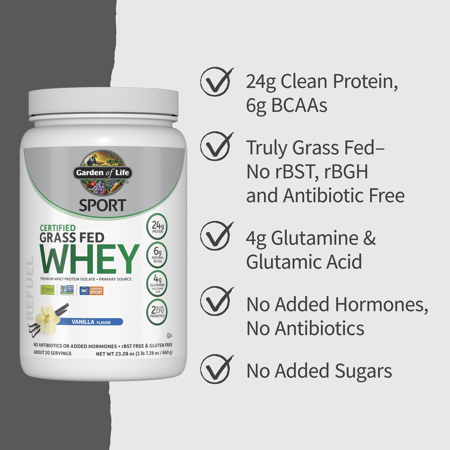 Garden of Life Grass-Fed Vanilla Whey Protein – Sport Certified, 23 oz