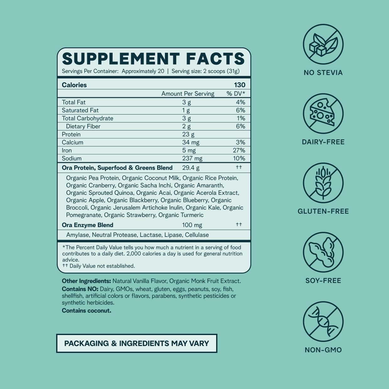 Ora Organic Vanilla Protein - Plant-Based, Gluten-Free, Vegan, 23g, 20 Servings