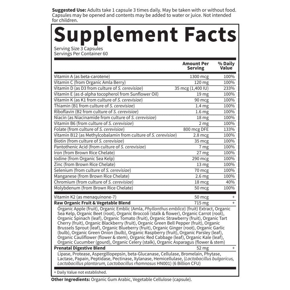Raw Prenatal Multivitamin – Whole Food, Folate, Iron, Probiotics – 180 Ct
Whole Food-Based | Gut & Immune Support | 180 Capsules | Gentle & Non-GMO