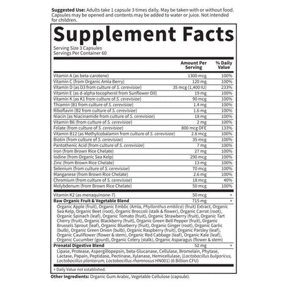 Raw Prenatal Multivitamin – Whole Food, Folate, Iron, Probiotics – 180 Ct
Whole Food-Based | Gut & Immune Support | 180 Capsules | Gentle & Non-GMO