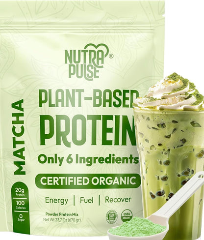 NUTRAPULSE Organic Vegan Protein Powder – Matcha Flavor, Plant-Based, Gluten-Free, Non-GMO, 20g Protein Per Serving, Ideal for Smoothies, Shakes, Baking, Cooking (1 Pack, 20 Servings)