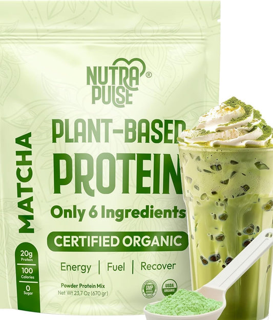 NUTRAPULSE Organic Vegan Protein Powder – Matcha Flavor, Plant-Based, Gluten-Free, Non-GMO, 20g Protein Per Serving, Ideal for Smoothies, Shakes, Baking, Cooking (1 Pack, 20 Servings)