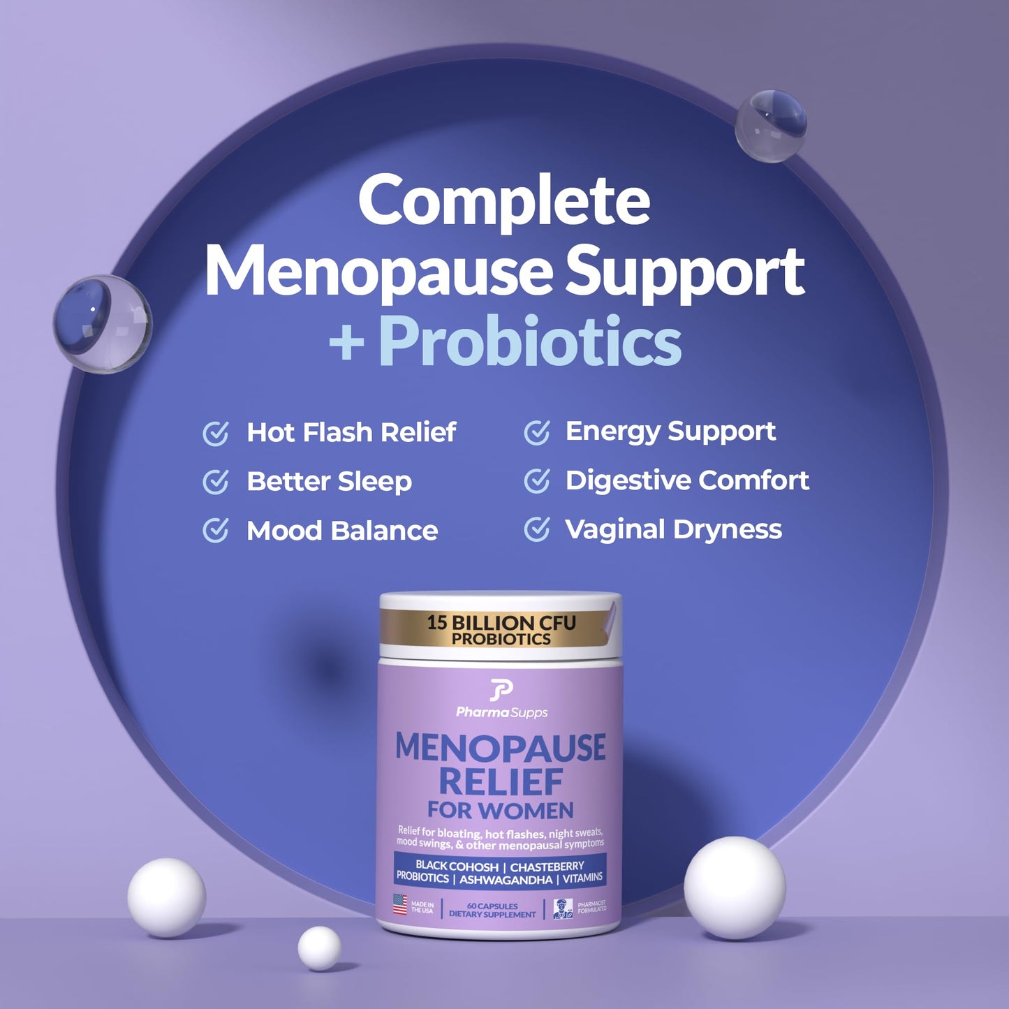 Natural Menopause Supplements for Women - Perimenopause Supplements for Hormonal Balance, Bloating & Mood Swings | Hot Flashes Menopause Relief w/Probiotics & Prebiotics, Black Cohosh & Chasteberry