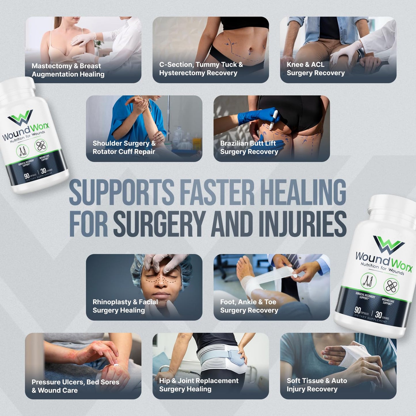 Free Life Labs WoundWorx-Scar and Surgery Support, Wound Care, General and Plastic Surgery, Faster Healing w/Vitamins, Amino Acids, Collagen, Probiotics, Turmeric, Bromelain-90 caps