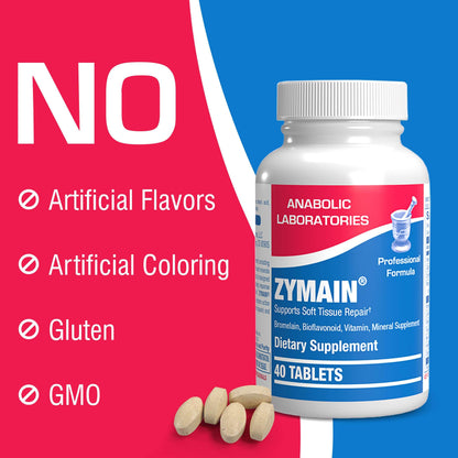 Bromelain Supplement for Soft Tissue Injuries - 40 Tablets - Vitamin C, Zinc, Citrus Bioflavonoids - Soft Tissue Support for Acute Injury Recovery - Zymain Proteolytic Enzymes, Minerals, Vitamins