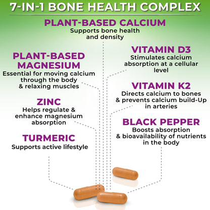 Plant-Based Calcium 500mg – Magnesium, D3, K2, Turmeric, Bone Health, 180 Ct