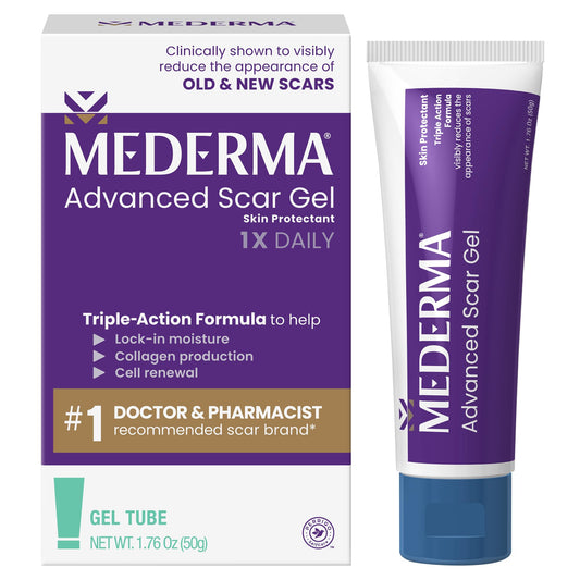 Mederma Advanced Scar Gel – 50g tube for fading old and new scars from surgery, burns, acne, and injuries with once-daily application.

