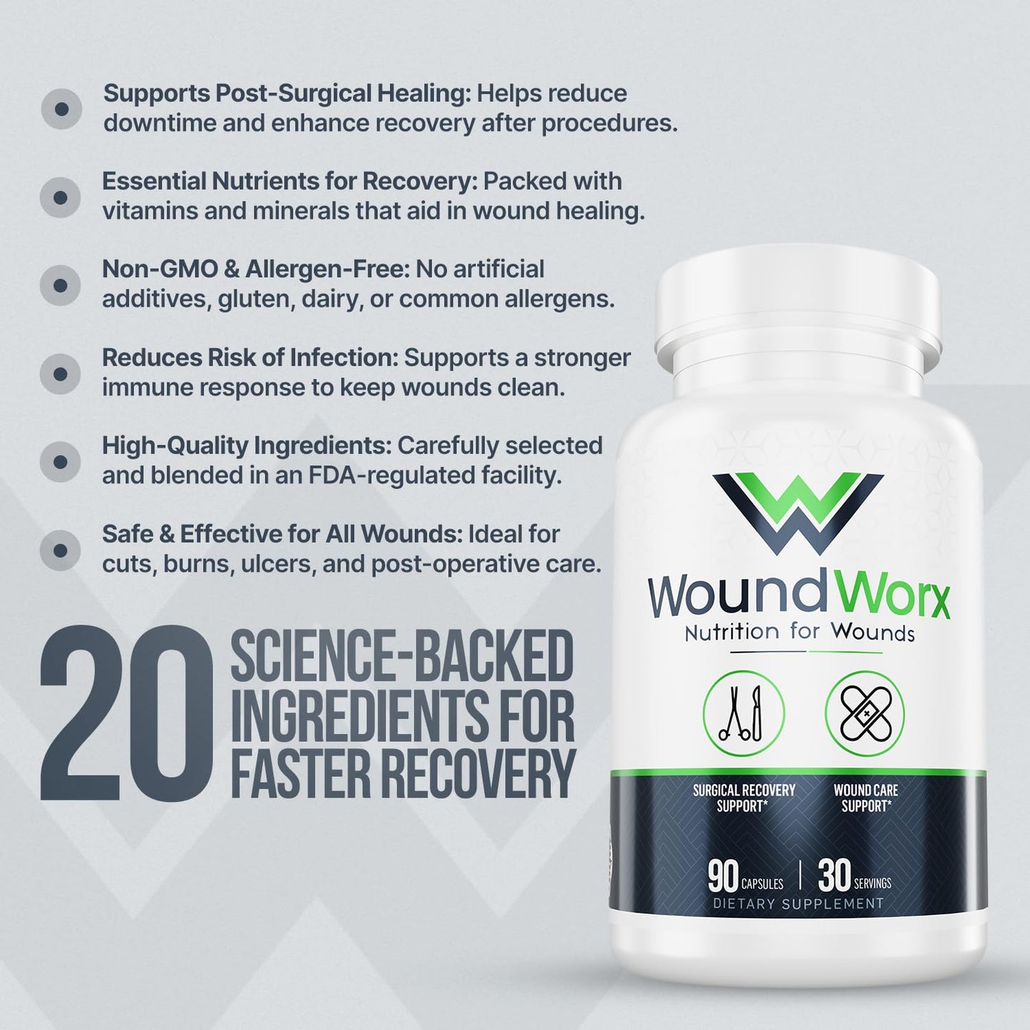 Free Life Labs WoundWorx-Scar and Surgery Support, Wound Care, General and Plastic Surgery, Faster Healing w/Vitamins, Amino Acids, Collagen, Probiotics, Turmeric, Bromelain-90 caps