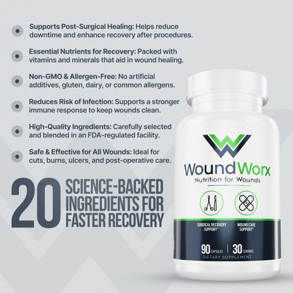 Free Life Labs WoundWorx-Scar and Surgery Support, Wound Care, General and Plastic Surgery, Faster Healing w/Vitamins, Amino Acids, Collagen, Probiotics, Turmeric, Bromelain-90 caps