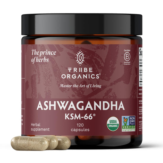 TRIBE ORGANICS Ashwagandha KSM 66 Pure Organic Root Powder Extract Ayurvedic Supplement - Focus, Mood Support, Increase Energy, Strength, 600mg of Natural KSM66 for Superior Absorption - 120 Capsules