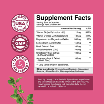 PMS Support Supplement for Women – Hormone Balance for Women & Menstrual Discomfort with DIM, Chasteberry, Black Cohosh & Ashwagandha - for Period Cramps Ease, Menopause Bloating, Mood Swing – 120 Ct