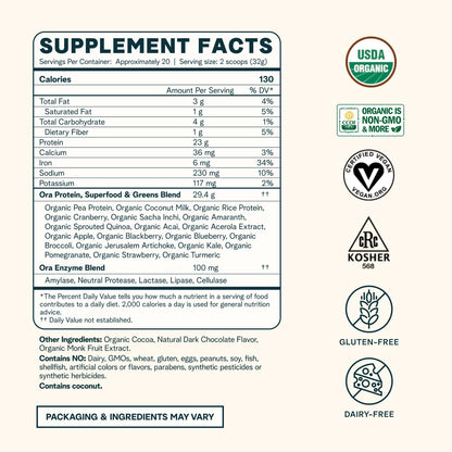 Ora Vegan Protein Powder – Chocolate, 23g Plant Protein – 20 Servings
Chocolate Flavor | 23g Plant Protein | Organic | Bloat-Free | 20 Servings

